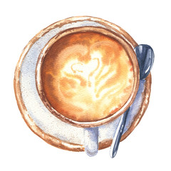 Coffee cup watercolor latte or cappuccino cup, flat lay, isolated on white background. Food design.