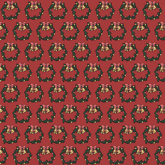 Основные RGBVector Christmas wreath with lights, bells and bows seamless pattern on the red background. New Year decoration.