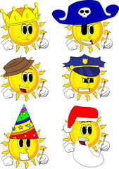Cartoon sun writing with pencil. Collection with costume. Expressions vector set.
