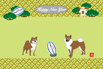 ラグビーボールとかわいい犬のイラスト年賀状テンプレート戌年２０１８