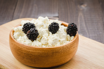 cottage cheese with blackberry in a plate/cottage cheese with blackberry in a plate on a wooden background