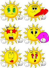 Cartoon sun writing with pencil. Collection with various facial expressions. Vector set.