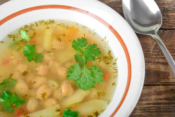 Pea soup with potatoes, vegan food