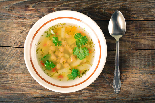 Pea soup with potatoes, vegan food