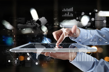 Fototapeta premium Internet, Business and technology concept. Icons, diagrams and graphs background on virtual screen.