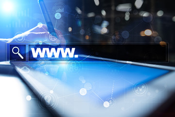 Search bar with www text. Web site, URL. Digital marketing. Business, internet and technology...