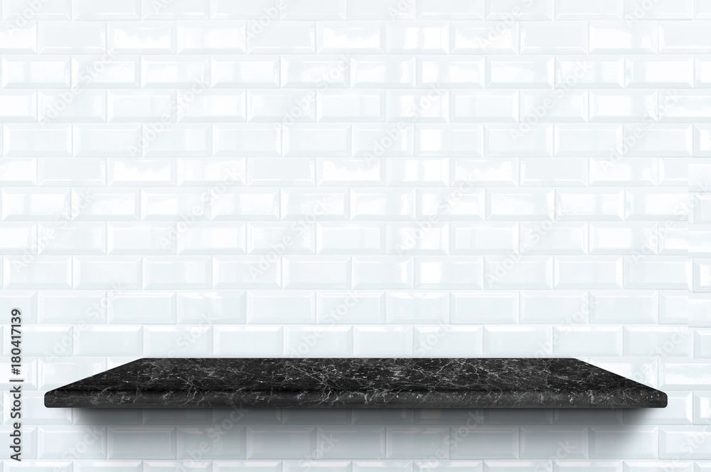 Aufkleber empty black marble shelf at white ceramic tile wall pattern background,mock up for display or montag