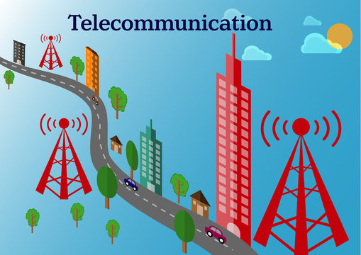 Telecommunication Tower And Transmitter Tower Landscape With Car And Trees