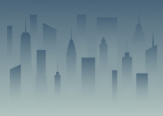 Silhouettes a big city in the dusk. Megapolis in the fog. Buildings of the city in the dark. Nightfall town. Abstract vector illustration.
