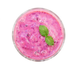 blackberry yogurt or smoothie with mint leaves isolated on white background. Top view. Healthy Eating