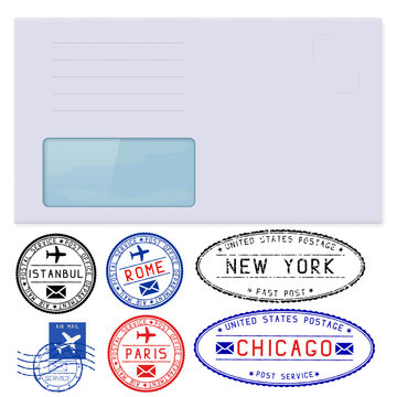 Blank envelope with address window. With set of postmarks