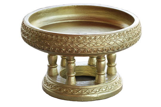 gold wooden ancient art traditional northern thai (Chiang mai) food tray, called Khantoke, isolated with white background, wallpaper