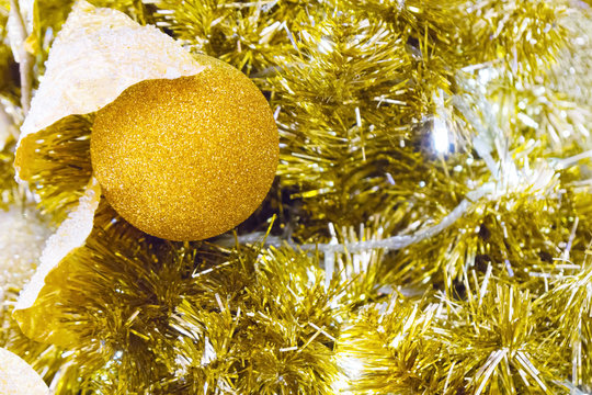 Happy new year and Christmas Concept. Golden ball and light decorate on the christmas tree.