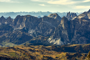 Fototapeta premium Passo Falzarego, Dolomites, Italy - view from the top of the Rifugio Lagazuoi