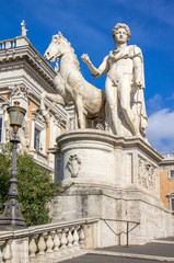 Obraz premium Statue of Pollux with his horse at Piazza del Campidoglio on Capitoline Hill, Rome, Italy