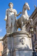 Obraz premium Statue of Pollux with his horse at Piazza del Campidoglio on Capitoline Hill, Rome, Italy