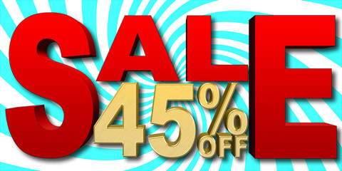 Stock Illustration - Golden 45 Percent Off, Red Sale, Blue and White Background, 3D Illustration.