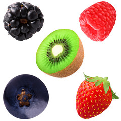 collection of berries and kiwi solated on white