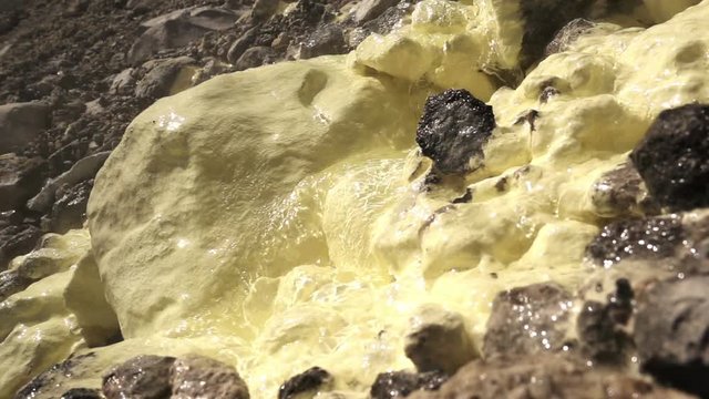 A hot spring on the slope of Ebeko volcano, Paramushir island, northern Kurils. Water flows down the stones covered with sulfur. SlowMotion 240 FPS
