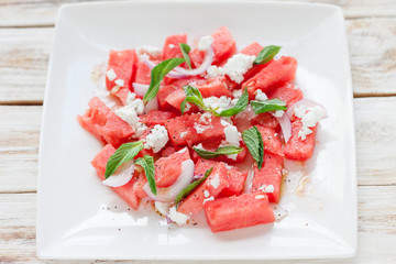 Watermelon salad with feta cheese and mint