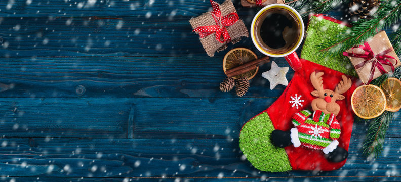 Christmas Background With Fir Tree, Hot Chocolate And Marshmallow. Top View With Copy Space