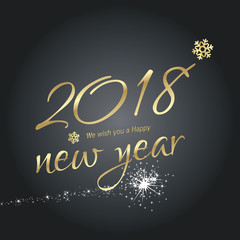 Fototapeta na wymiar 2018 Happy New Year gold handwriting letters snowflake black background