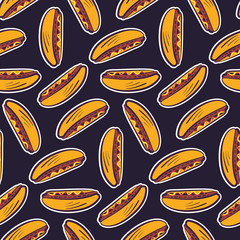 Colorful seamless pattern with cute cartoon outline sticker american hot dog on dark background. Comic pop art hotdogs texture for fast food textile, wrapping paper, package, banners