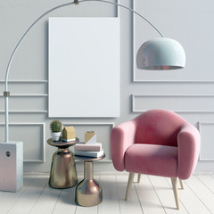Modern interior with coffee table and chair. Poster mock up. 3d illustration.
