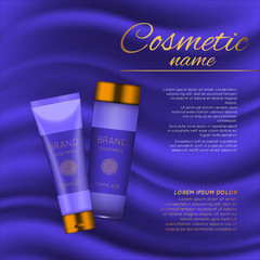 Vector 3D cosmetic illustration on a soft silk background. Beauty realistic cosmetic product design template.