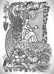 September month graphic concept. Hand drawn engraved fantasy illustration. Beautiful musician queen with arpa 