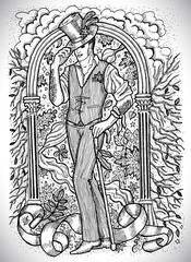 Fototapeta na wymiar October month graphic concept. Hand drawn engraved fantasy illustration. Stylish Magician of autumn in gentlemen costume 