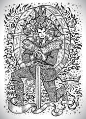 Fototapeta na wymiar December month graphic concept. Hand drawn engraved fantasy illustration. King in mask with sword