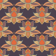 Vintage graphic vector Indian lotus mandala ethnic seamless pattern. Abstract background with flowers