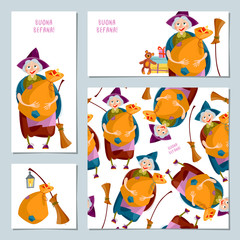 Fototapeta premium Set of 4 Christmas greeting cards with Befana. Italian Christmas tradition.