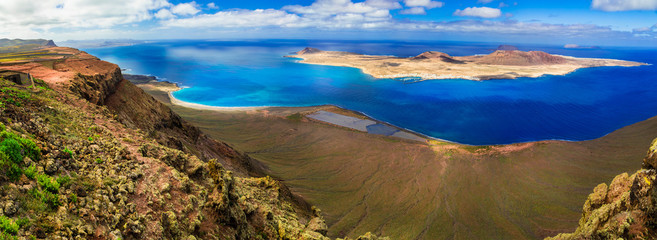 Scenery of volcanic Lanzarote - panoramic view from Mirador del Rio. Canary islands