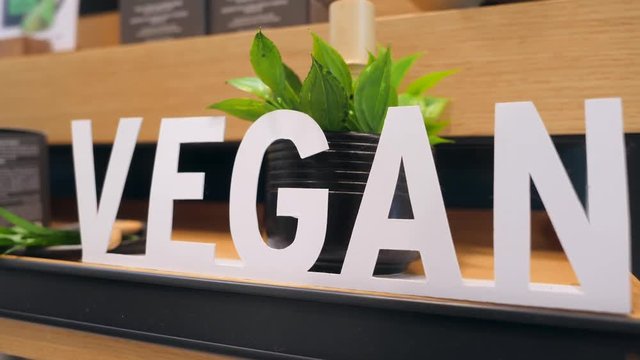 Vegan Cosmetics Section Sign in Ethical Shop. No Animal Testing Healthy Body Care Products Concept. 4K.