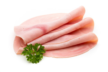 Sliced boiled ham sausage isolated on white background, top view.