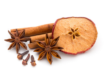 Cloves, anise and cinnamon isolated on white background.