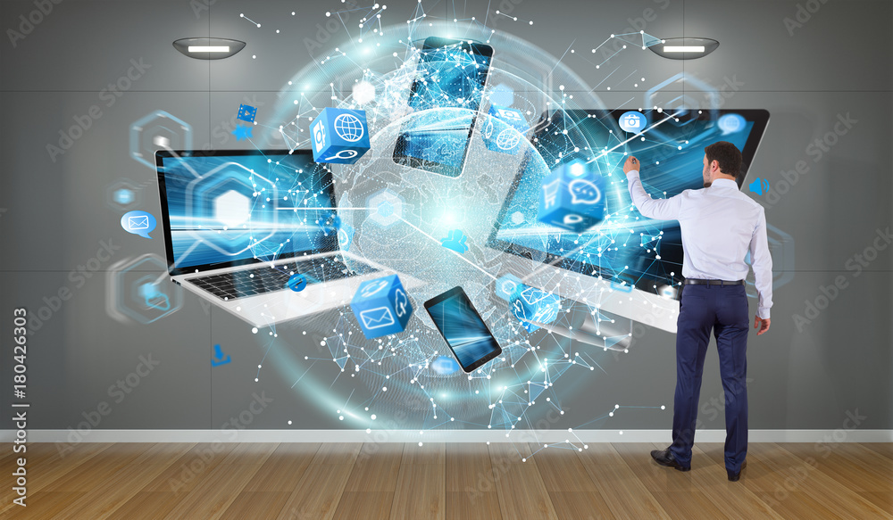 Aufkleber Tech devices connected to each other by businessman 3D rendering
