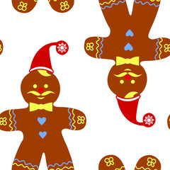 Seamless New Year pattern with gingerbread, man in Santa Claus hat in ethno style