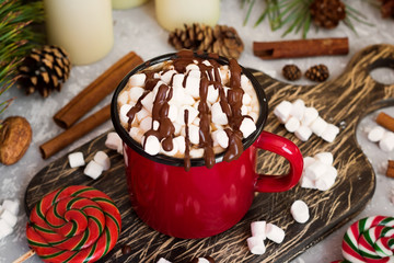 Сocoa with marshmallows and chocolate in a New Year's style