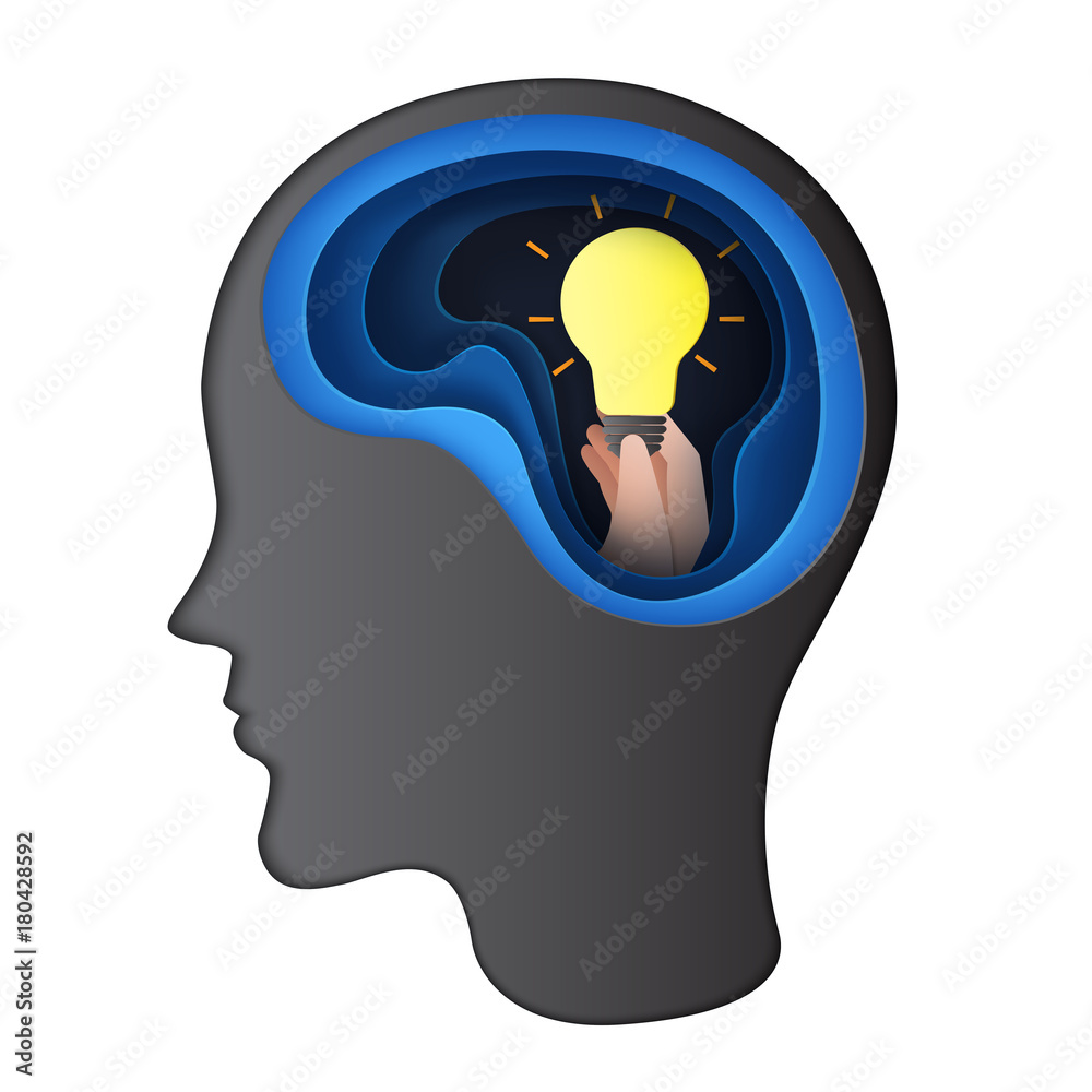 Poster giving idea to human brain concept.paper carve of human head with getting idea from light bulb paper