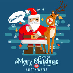 Design of a Christmas and New Year greeting card. Santa Claus and his deer. Vector illustration.
