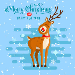 Christmas and New Year greeting card designs. Cartoon Christmas deer. Vector illustration.