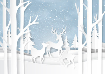 Naklejka premium Nature landscape on snow winter background with deers familly.For merry christmas and happy new year paper art style.Vector illustration.