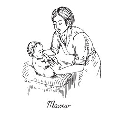 Woman massaging newborn child, hand drawn doodle, sketch in pop art style, black and white vector illustration