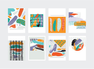 Vector abstract cards set. Hand drawn elemens in bright colors. Dots. spots and brush strokes in imperfect style