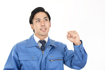 ガッツポーズの労働者