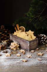 Christmas or new year gingerbread cookies in a wooden box