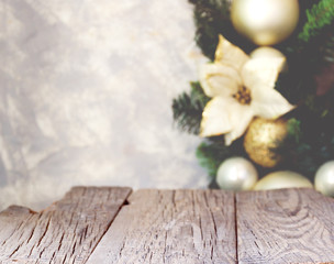 Christmas background with wooden boards and Christmas decorations, blurry, selective focus